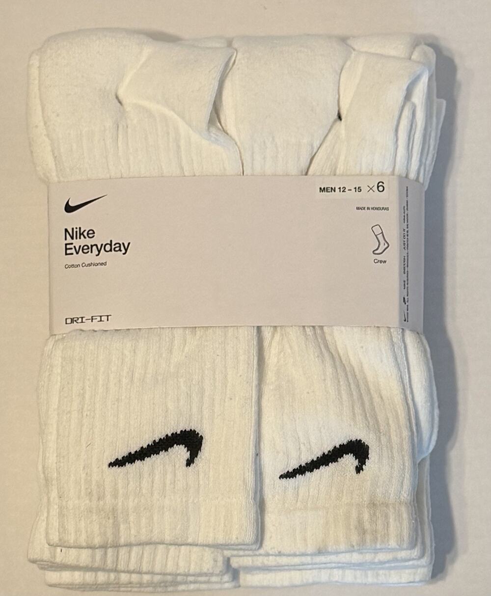 Nike Everyday Cotton Cushion Crew Socks White 6 Pack XL Men 12-15 SX7666-100